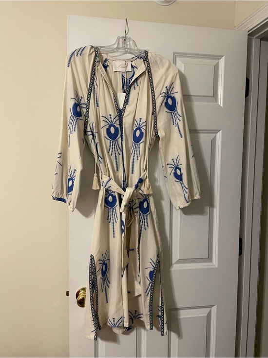 Kasia Dresses & Skirts - Kasia Cream Dress with Blue Embroidery and Tie Waist never worn